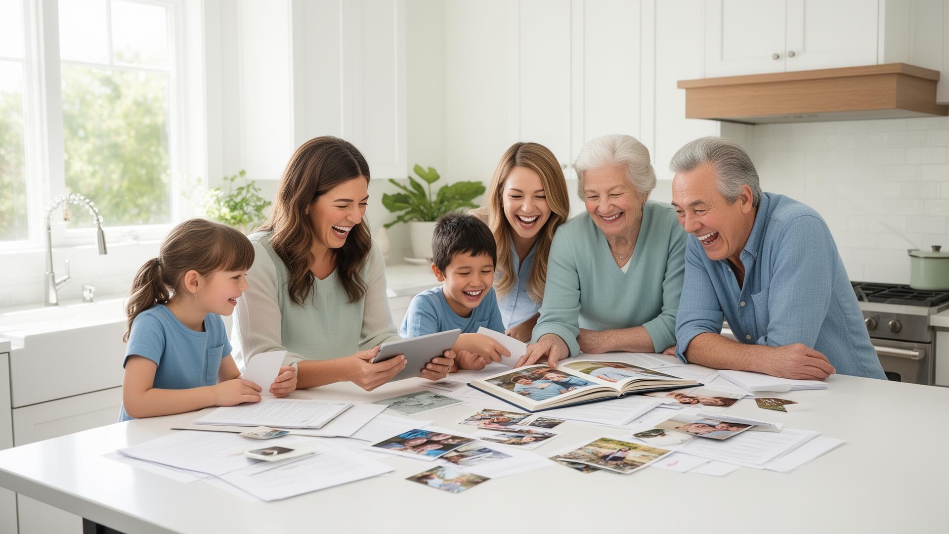 A multi-generational family laughs together at a sunlit kitchen island while organizing family records on a tablet