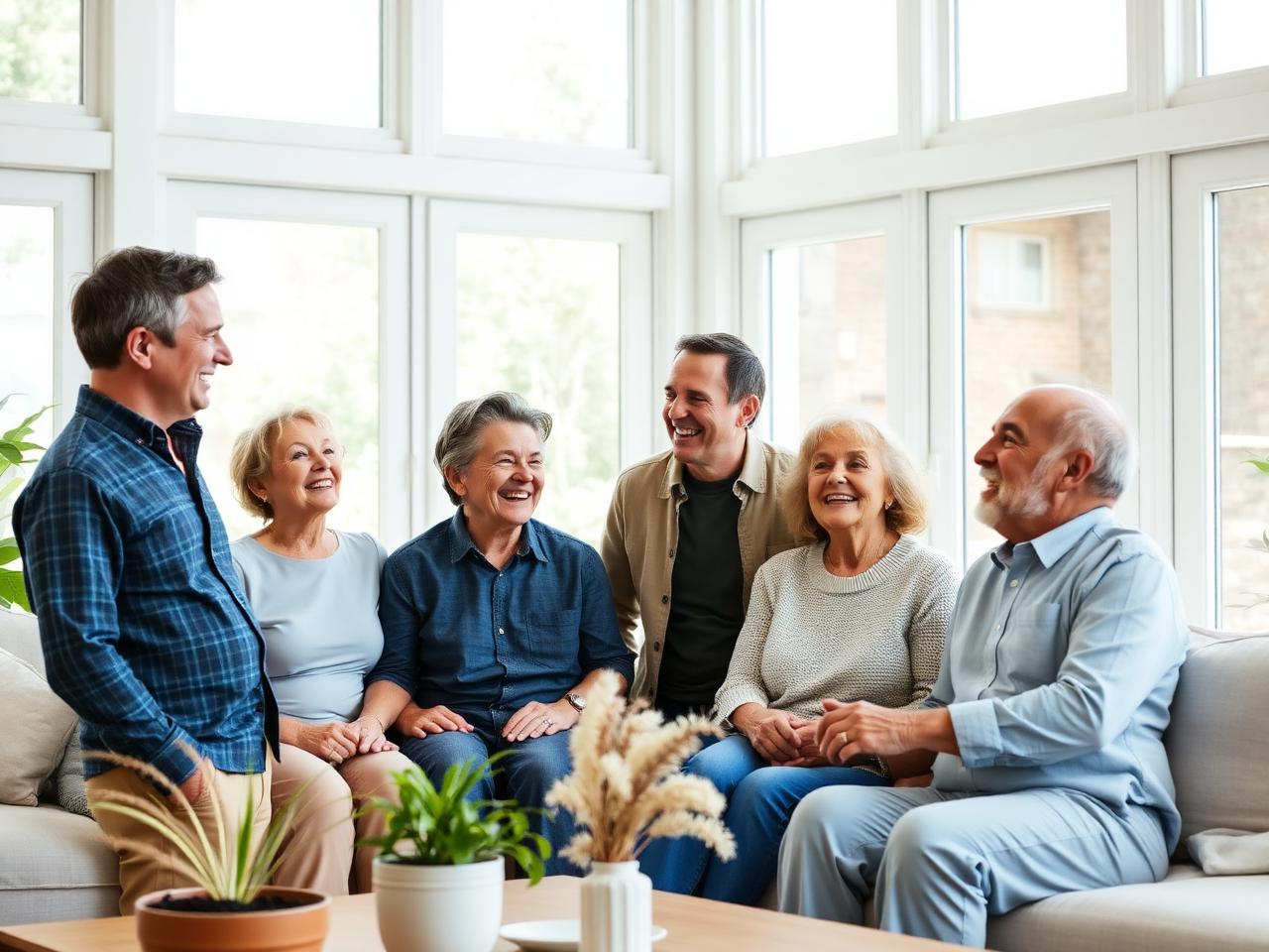 Adult children and older relatives spend time together in a bright living room